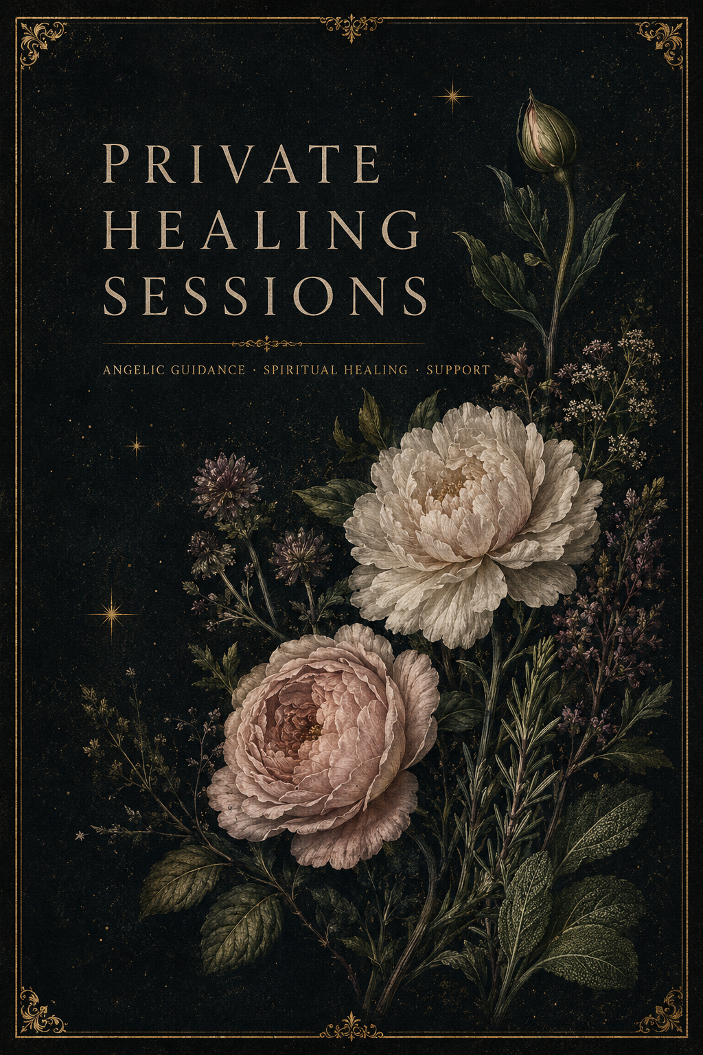 Dark poster advertising private healing sessions with floral illustrations and gold decorative accents.