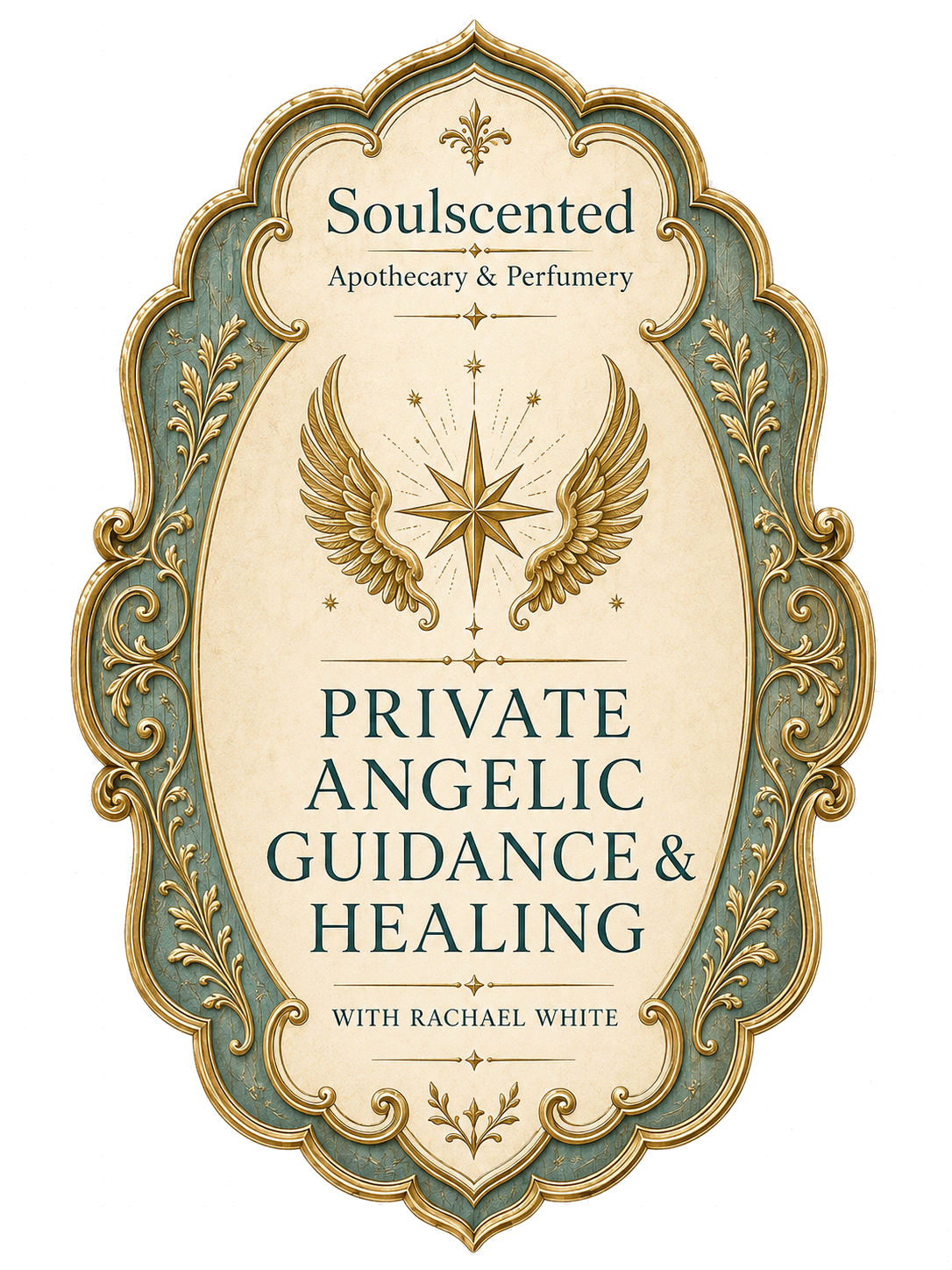 Book cover titled "Private Angelic Guidance & Healing" by Rachael White, featuring a cream background, ornate gold and teal border, and a central symbol of a star with angel wings.