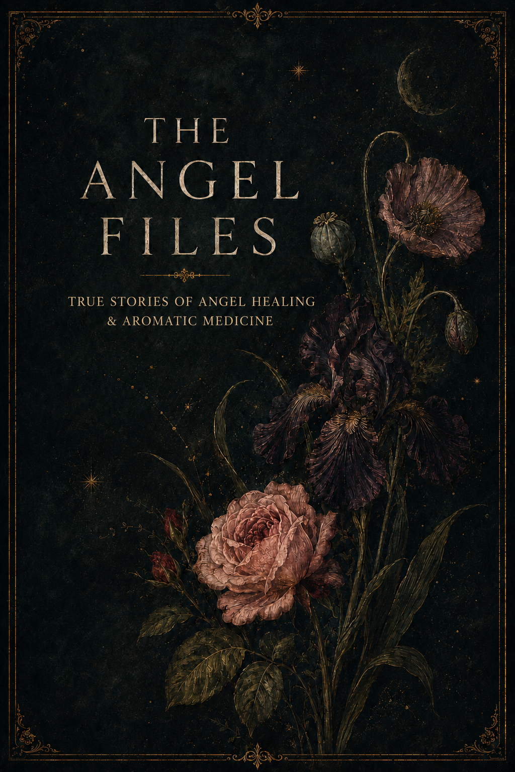 Book cover titled "The Angel Files" with floral illustration, featuring roses and other flowers, and a dark, starry background.