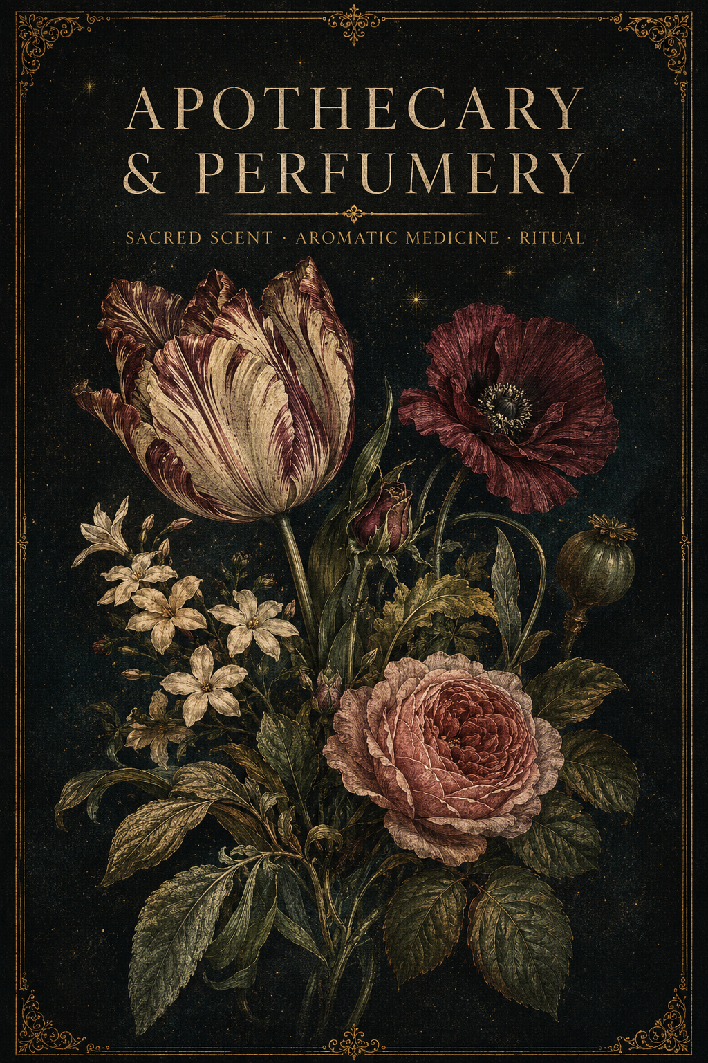 A vintage-style book cover titled 'Apothecary & Perfumery' featuring detailed illustrations of flowers on a dark, starry background.