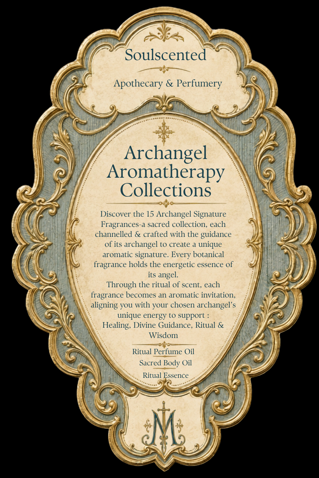 Decorative sign for Soulscented Apothecary & Perfumery featuring archangel aromatherapy collections with a description of 15 signature fragrances, and listing products like ritual perfume oils, sacred body oils, and ritual essences.