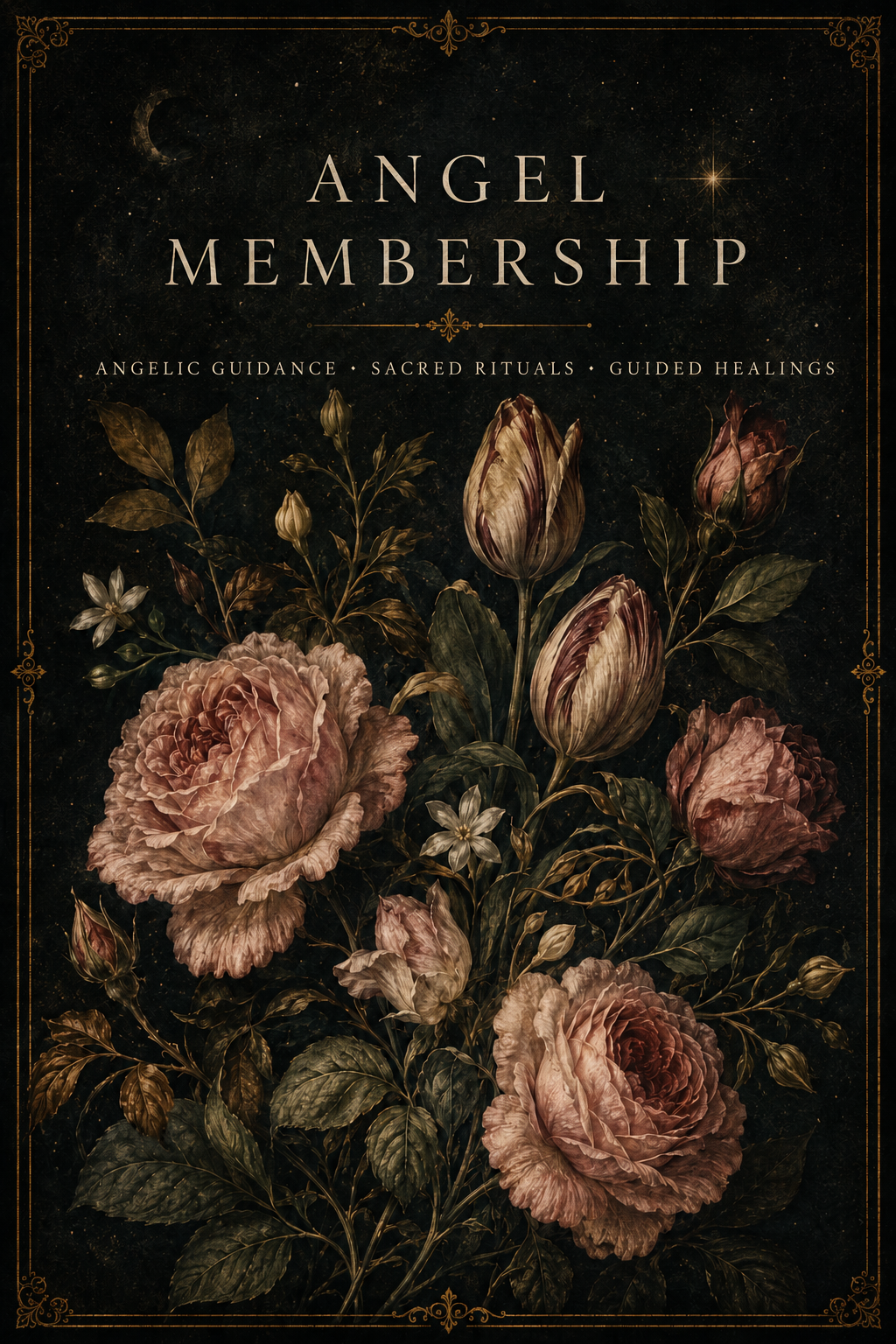 Book cover titled 'Angel Membership' with dark starry background and vintage floral illustration of roses and foliage.