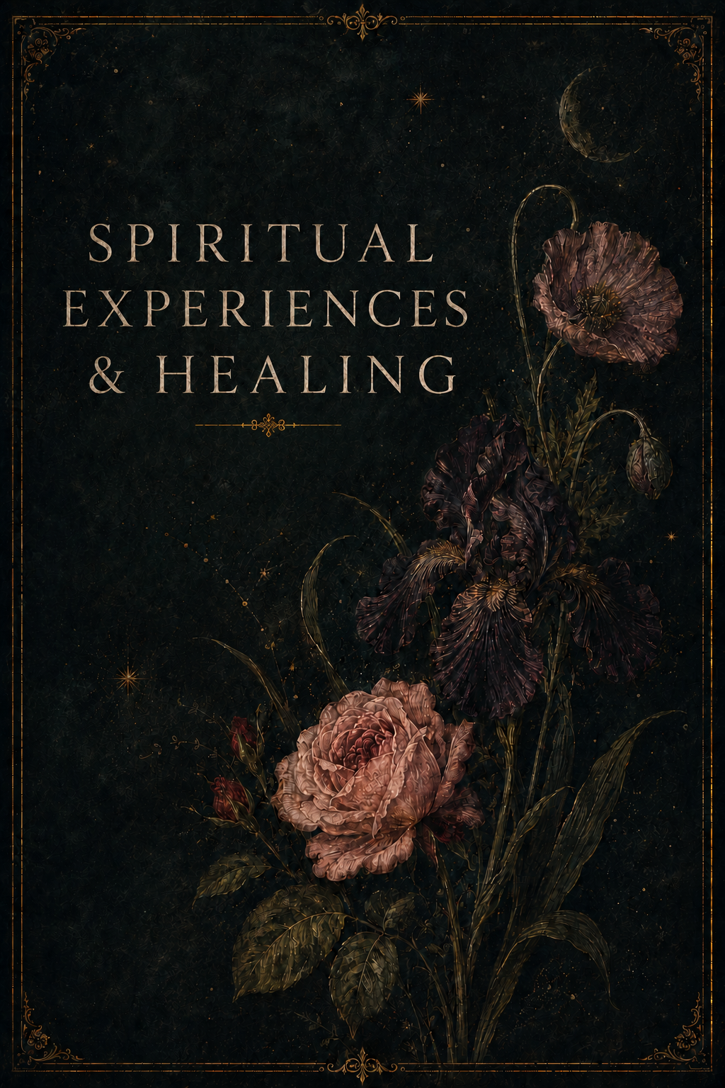 Dark background with floral design and gold accents, featuring large roses and iris flowers, and text 'Spiritual Experiences & Healing' in elegant font.