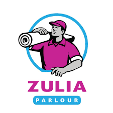 Logo for Zulia Parlour featuring a woman in pink with a curling iron.
