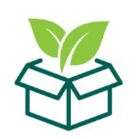 A logo of a box with two green leaves emerging from it, representing eco-friendly or sustainable packaging.