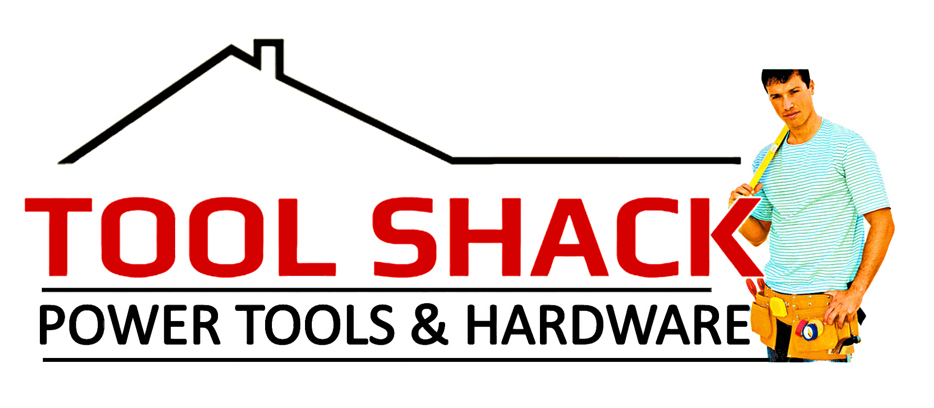 Sign for Tool Shack Power Tools & Hardware with a young man in construction attire and a tool belt, holding a measuring tape.