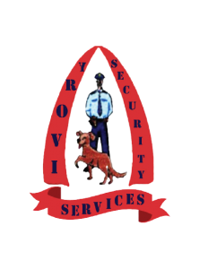 Logo for Troy Security Services featuring a security guard with a dog inside a red shield shape.
