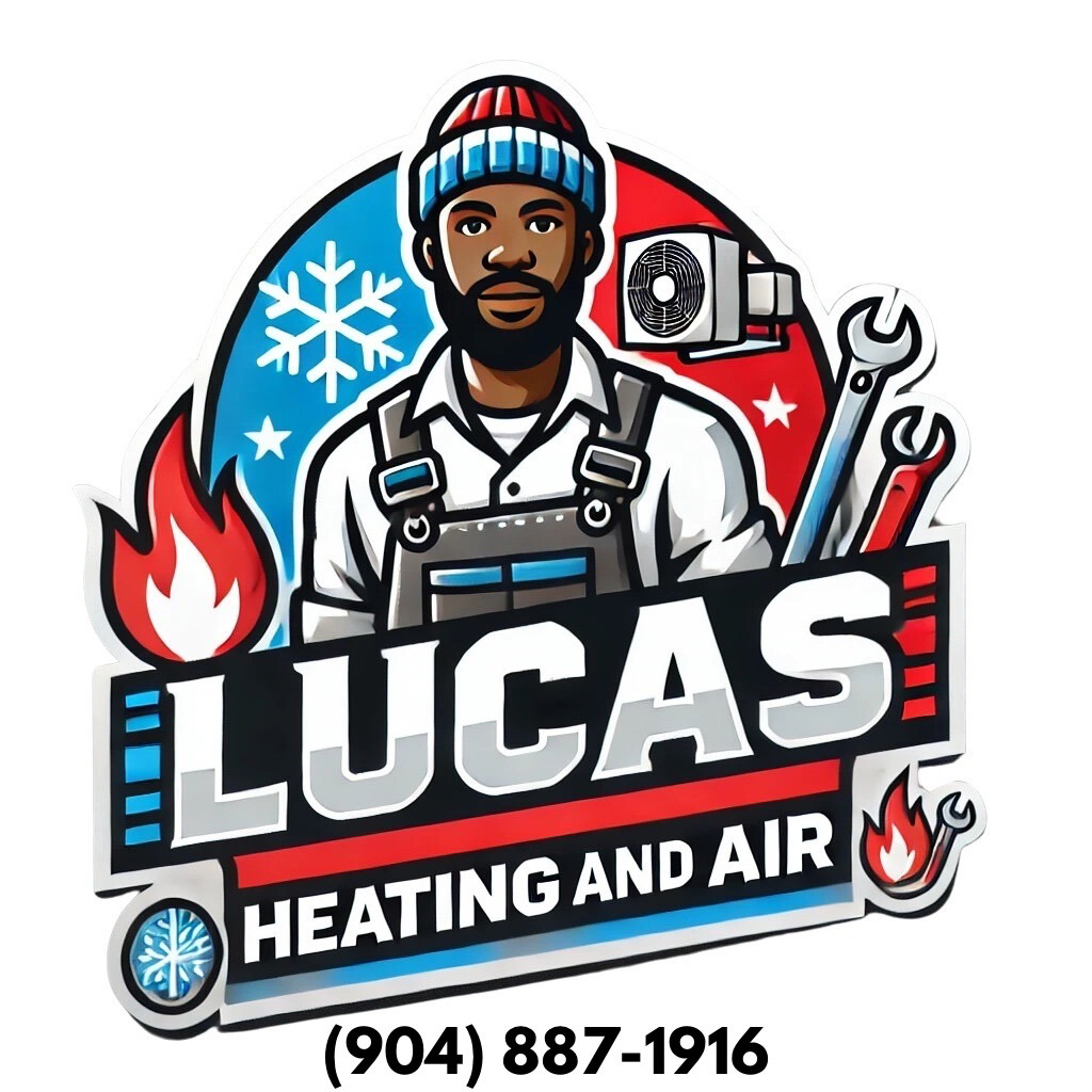 Graphic logo for Lucas Heating and Air featuring a man with a beanie, a snowflake, a flame, and tools, with the company name and contact number.