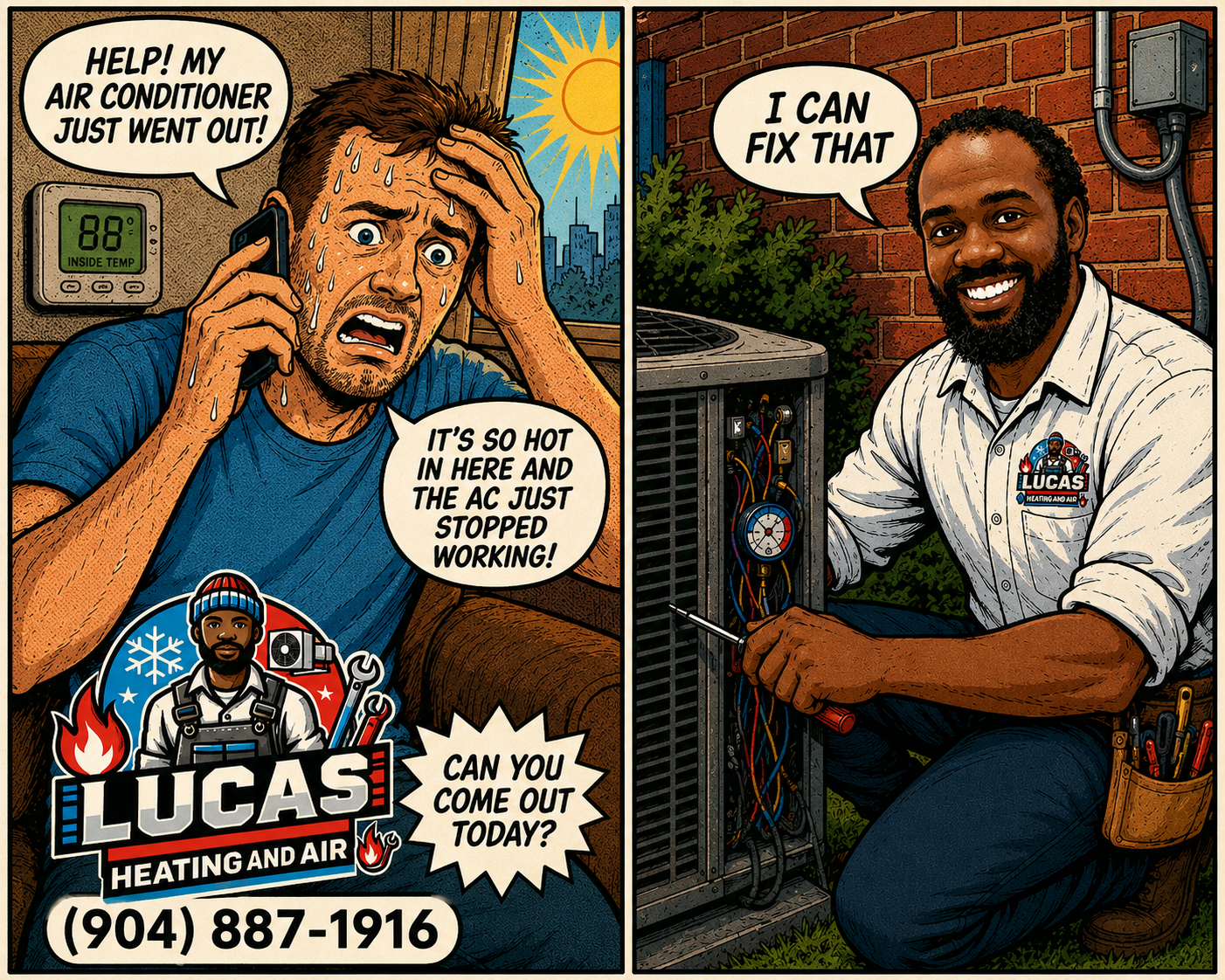 A comic-style illustration with two panels. In the first panel, a man is sweating and looking distressed, holding a phone to his ear, saying, 'Help! My air conditioner just went out! It's so hot in here and the AC just stopped working!' Below him is a logo for Lucas Heating and Air with a phone number. In the second panel, a smiling technician is kneeling beside an open outdoor air conditioning unit, holding a screwdriver and saying, 'I can fix that.' The technician is wearing a shirt with the Lucas logo, and the background shows a brick wall and some greenery.