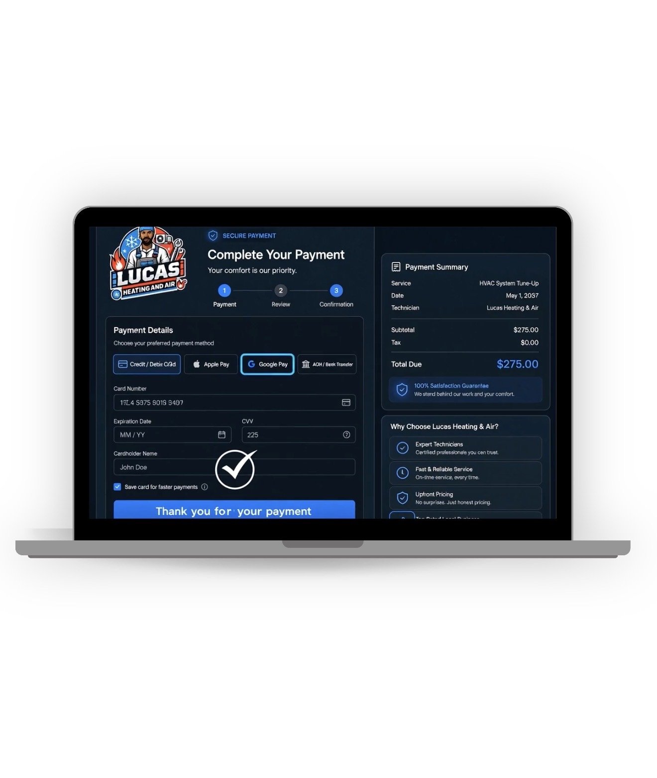A laptop screen displaying a payment form for Lucas Heating and Air, with a logo featuring a technician cartoon character, and fields to enter credit card details, including number, expiration, CVV, and cardholder name.