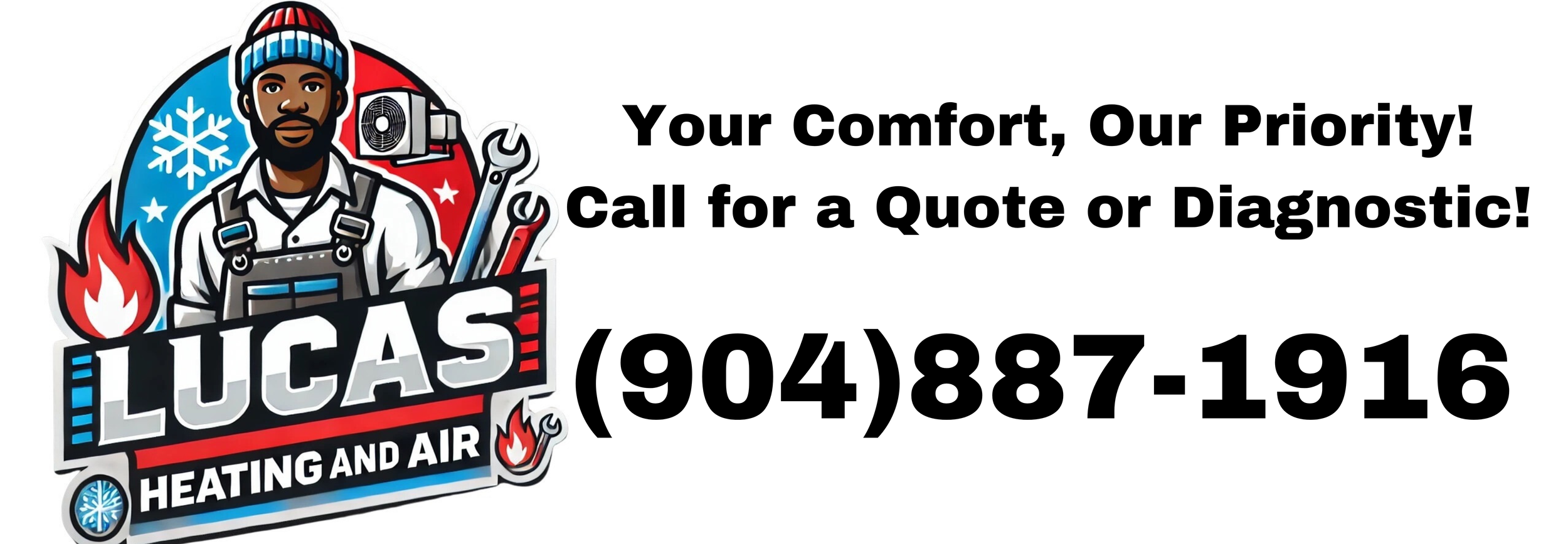 Logo of Lucas Heating and Air featuring a technician in work attire with tools, and text urging to call for quotes or diagnostics with phone number.