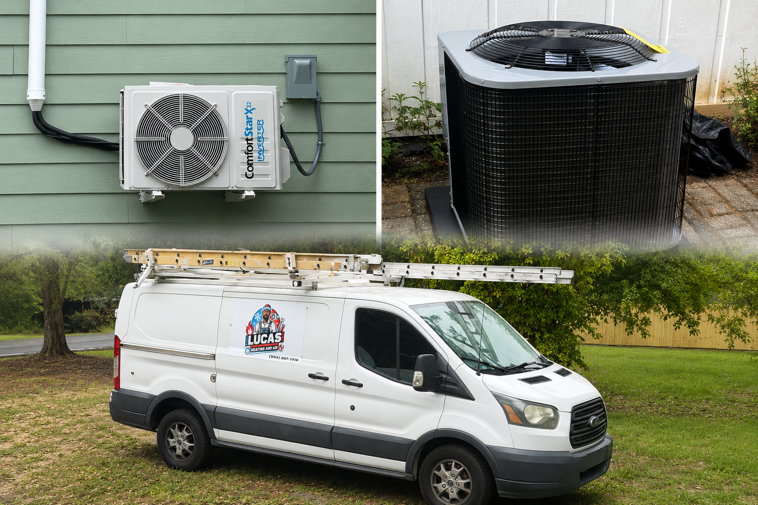 a work van parked outdoors with a ladder on top, a green house wall with an electrical box and external air conditioning unit, an outdoor system with a large black air conditioning unit in front of a white fence, and a separate compact outdoor air conditioning unit mounted on the house wall.