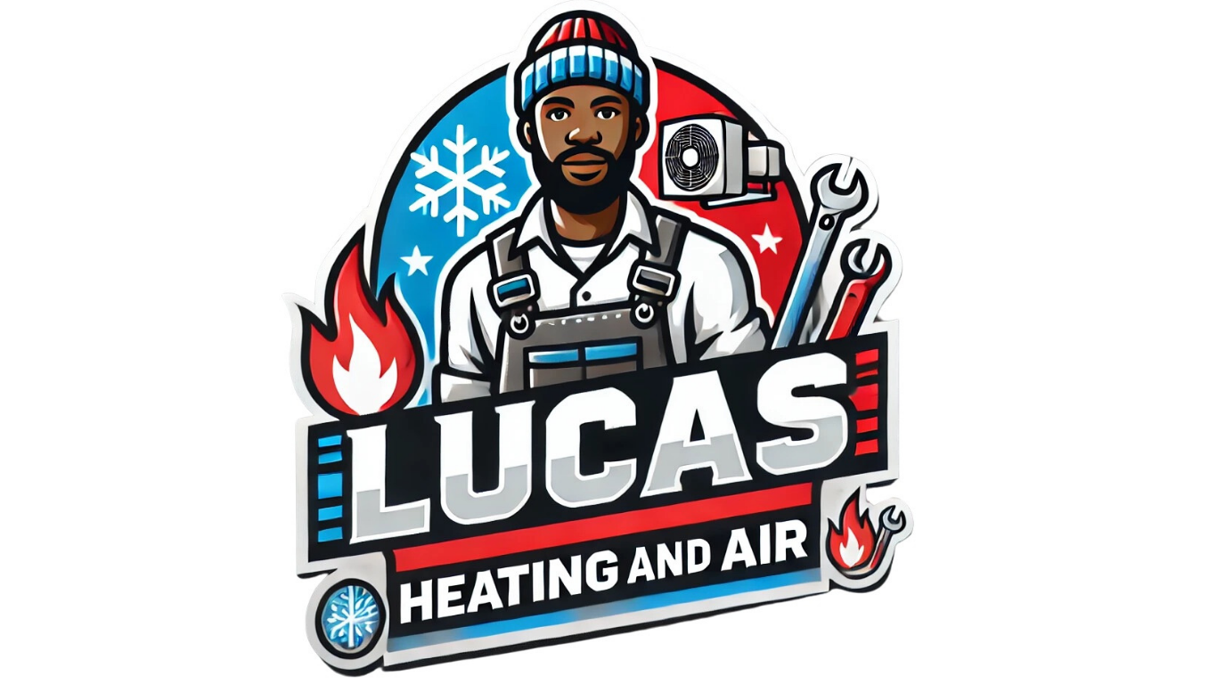 Logo for Lucas Heating and Air featuring a man in a winter hat, surrounded by symbols of heating and cooling, including snowflakes, fire, tools, and an air conditioning unit.