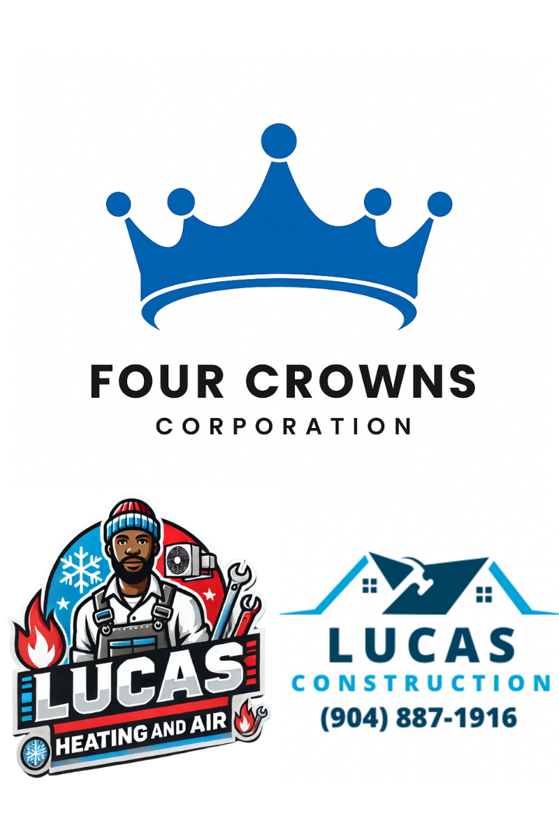 The image contains three logos. The top logo is for Four Crowns Corporation, featuring a blue crown and black text. Below are two logos for Lucas: on the left, a heating and air conditioning business with a man in a beanie, tools, and snow/fire icons; on the right, a construction business with a house and hammer icon, contact phone number.