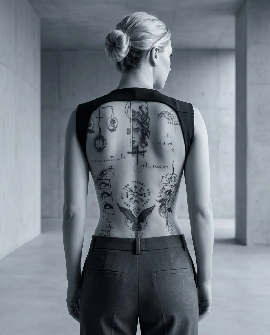 Großflächiges Rücken-Tattoo, schwarz-weiß