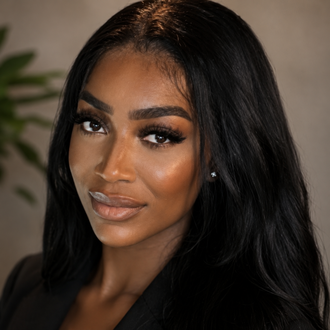 Close-up portrait of a woman with long, black hair, wearing makeup, earrings, and a black top, in a softly lit indoor setting.