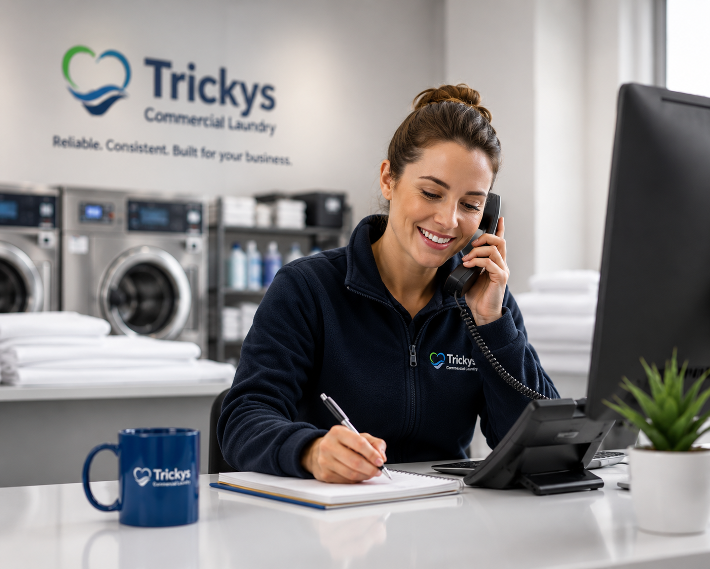 A woman in a navy jacket with the Tricky's Commercial Laundry logo, sitting at a desk, smiling while talking on a landline phone and taking notes in a notebook. Behind her are laundry machines and shelves with laundry supplies.
