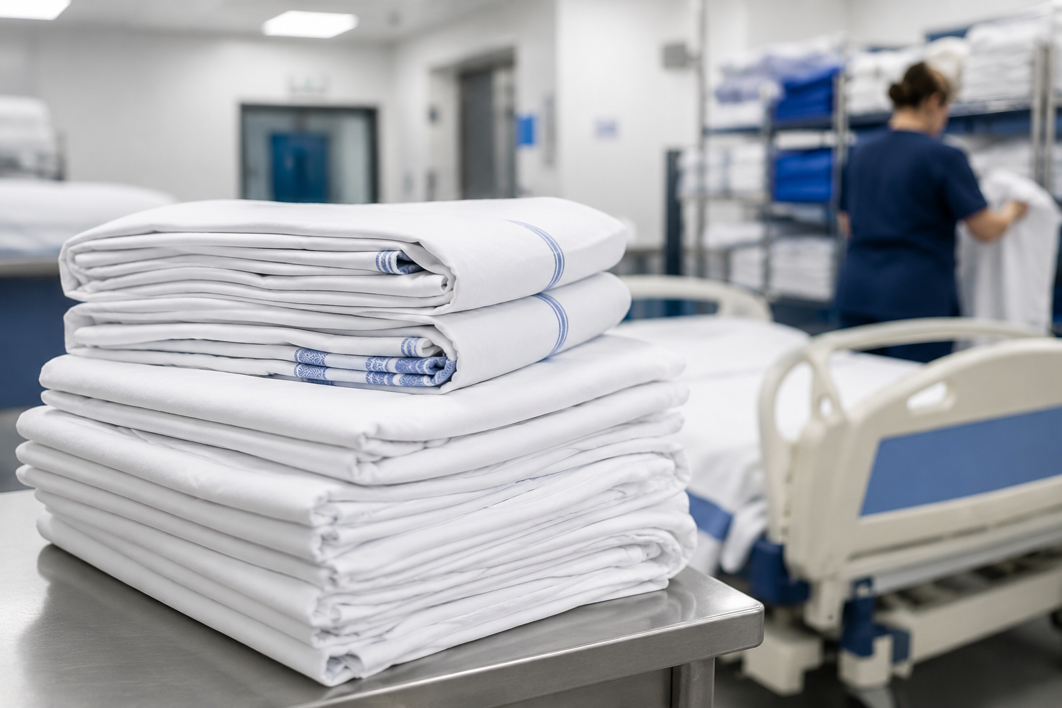 Stacked neatly folded hospital linens on a stainless steel table in a medical facility, with a nurse working in the background.