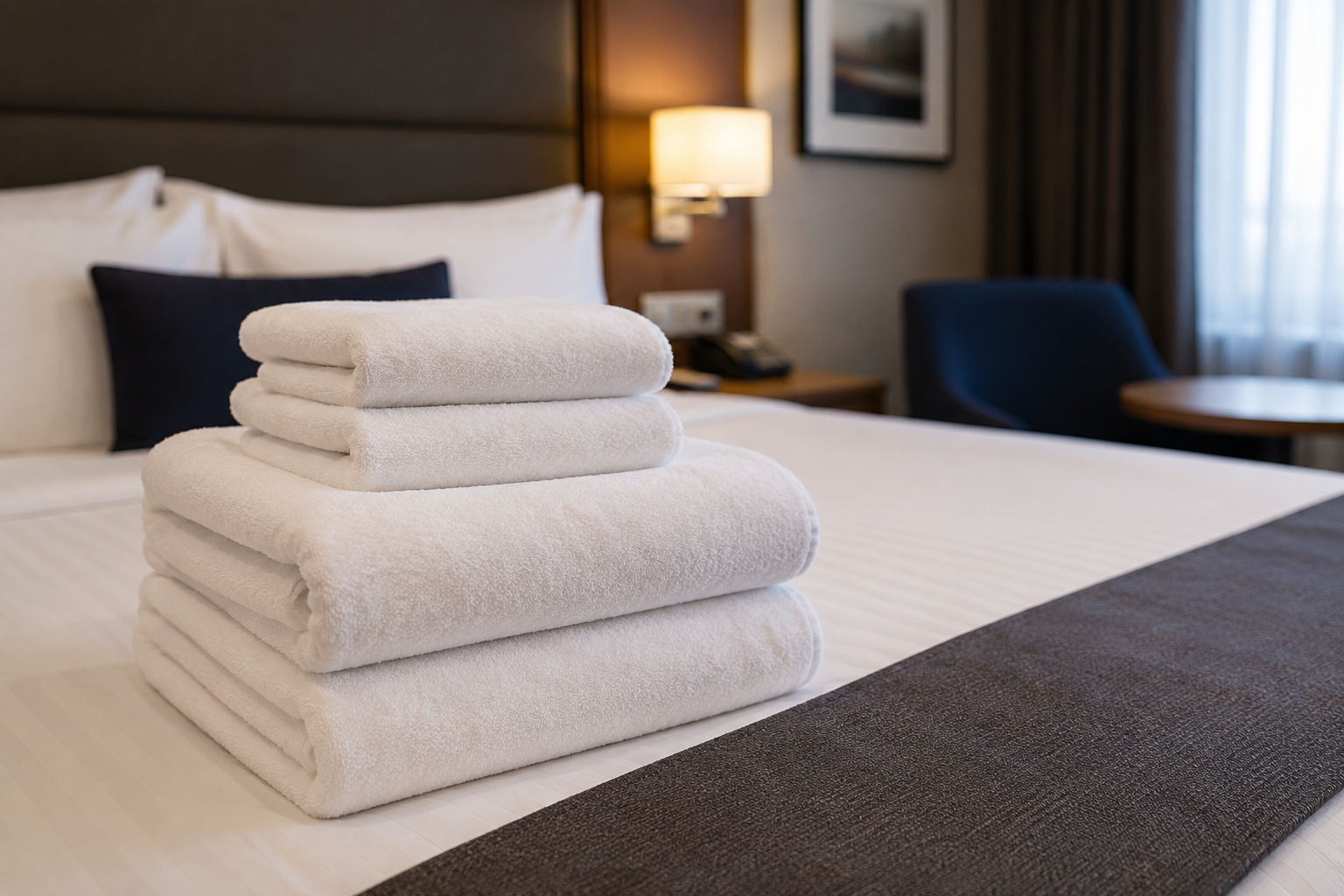 A neatly made hotel bed with a stack of white towels placed on top, in a room with a modern interior.