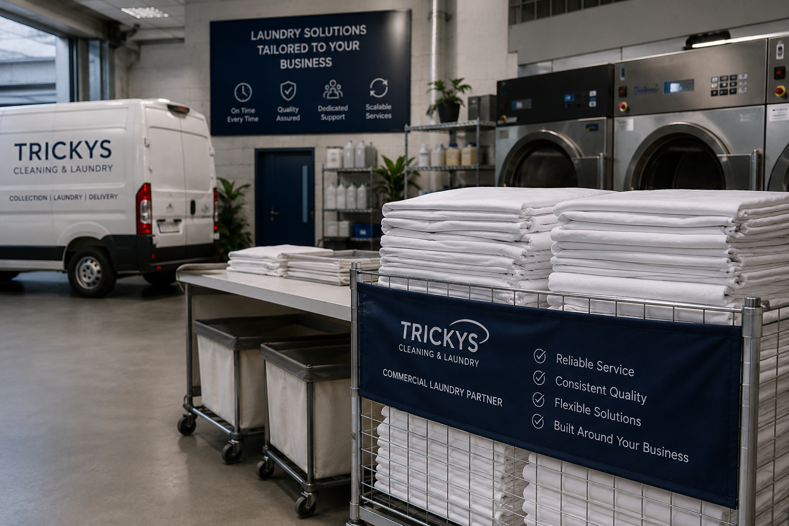 Stacks of clean white towels on a metal laundry cart with a blue banner advertising Tricky's Laundry Solutions and a service van in a commercial laundry room.