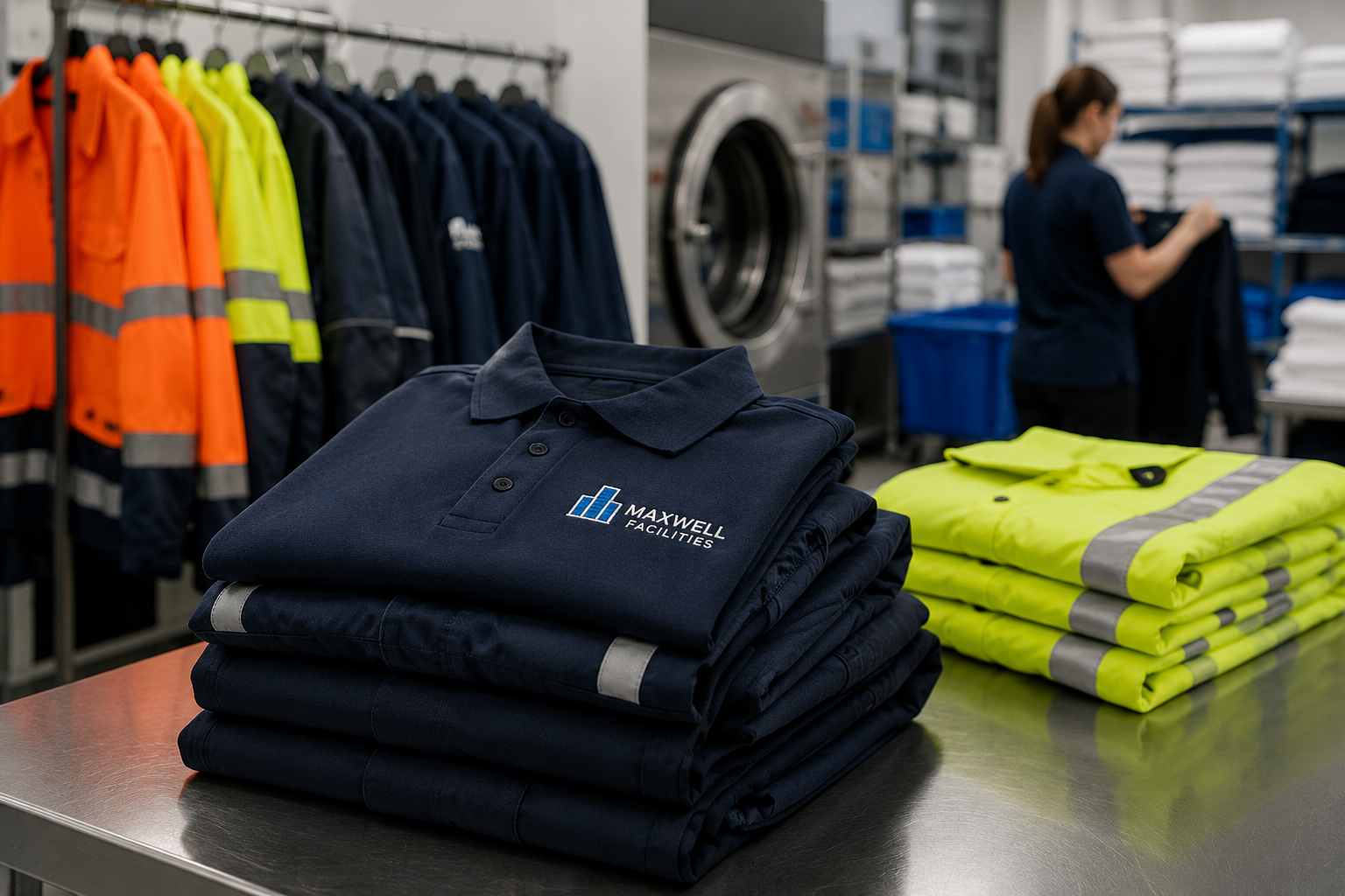 Stacked navy blue company polo shirts with 'Maxwell Facilities' logo, bright yellow high-visibility vests, and various work uniforms in a laundry or uniform service facility.