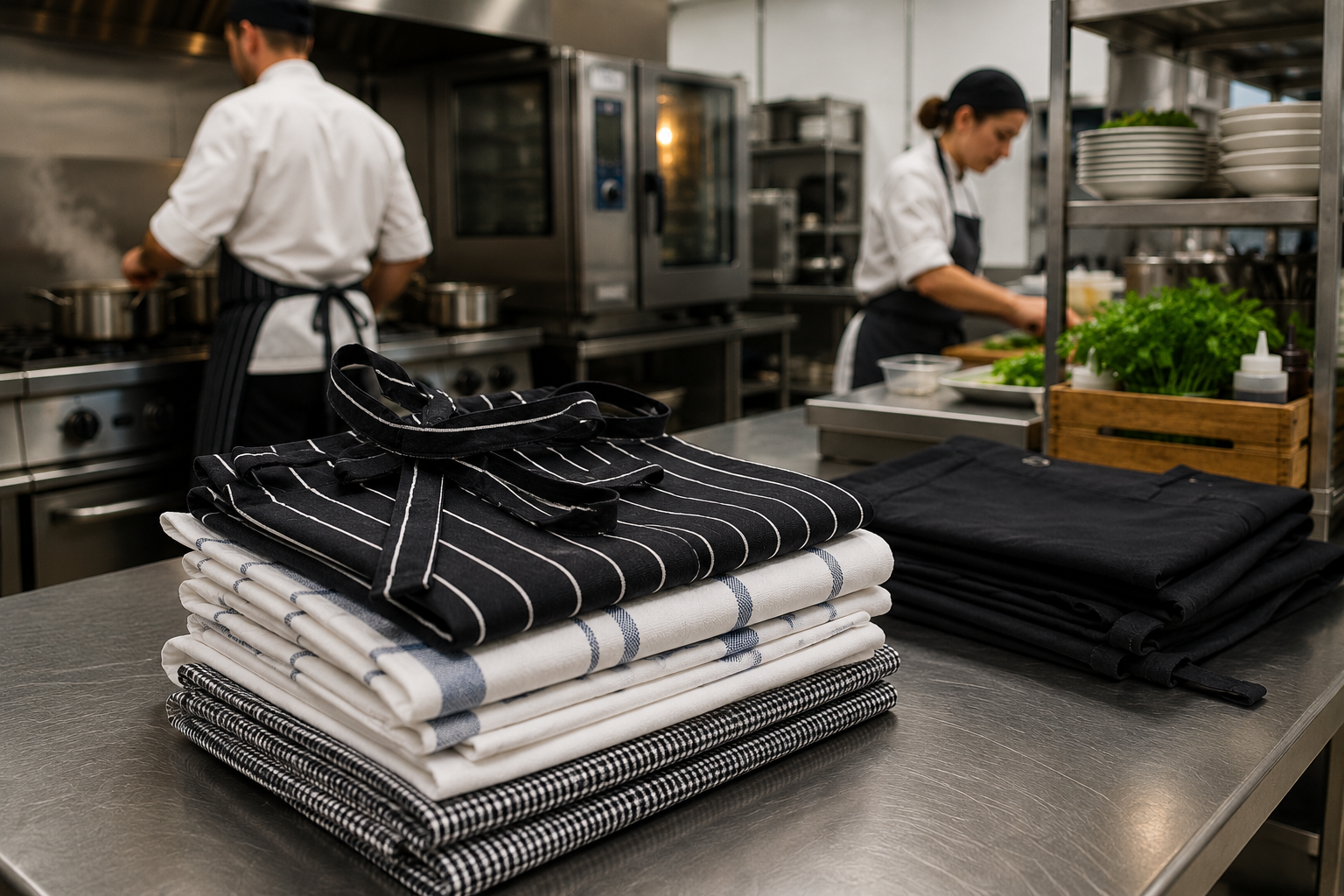 Stacks of black and white striped and checkered chef uniforms on a stainless steel counter in a commercial kitchen with chefs in the background preparing food.
