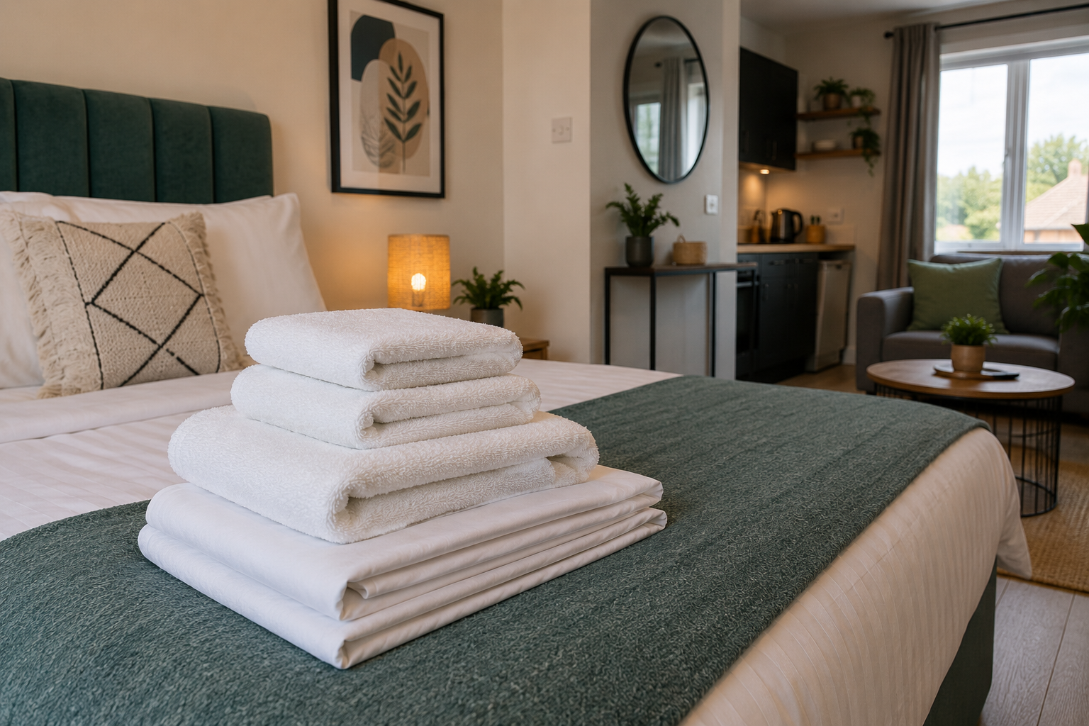 Stacked white towels on bedsheets in a modern bedroom with green headboard, decorative pillows, and a stylish living area with a window, sofa, plants, and artwork.