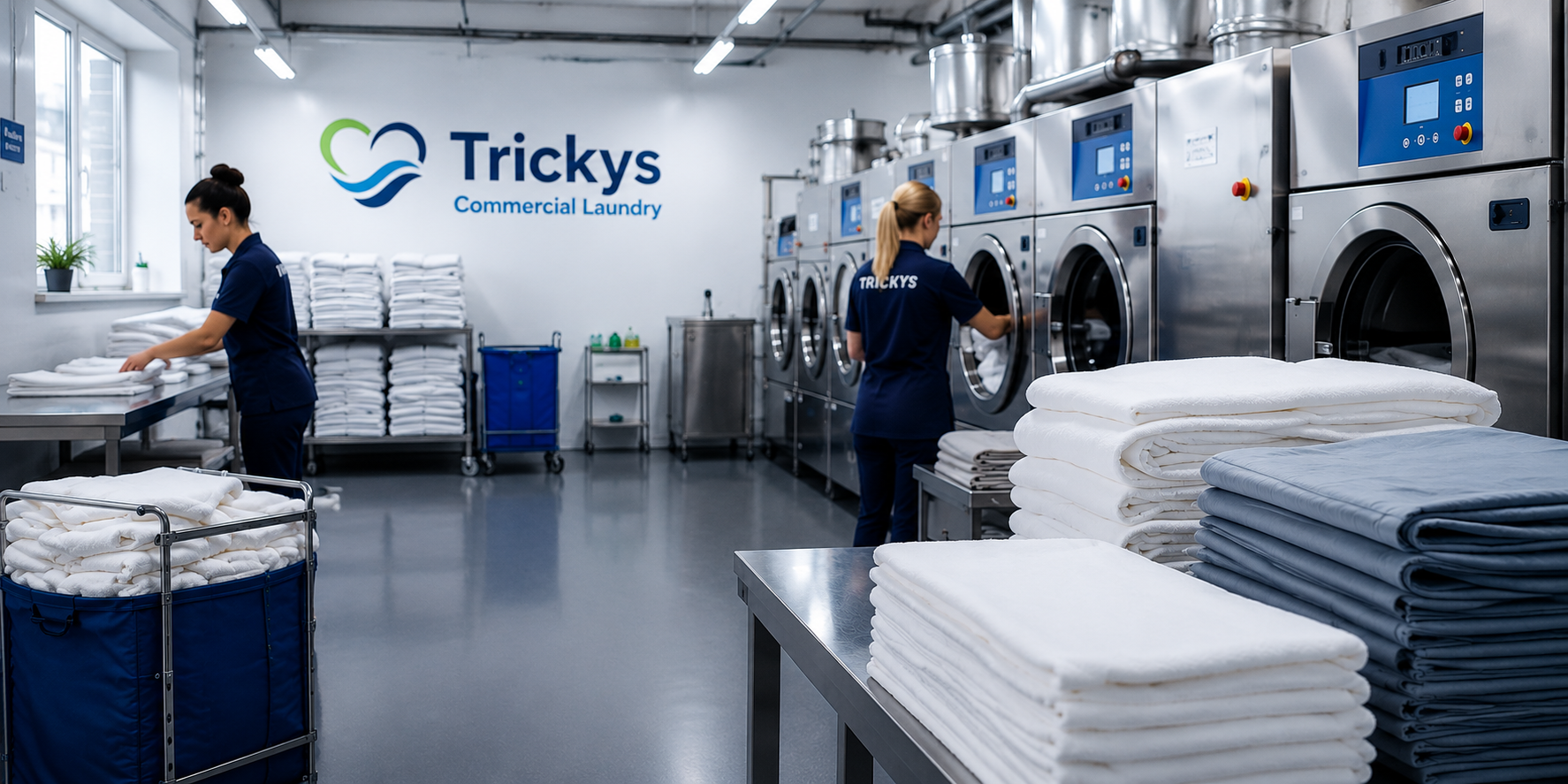 Laundry room with two workers sorting white towels and linens, industrial washing machines, shelves with folded laundry, and the Trickys Commercial Laundry logo on the wall.