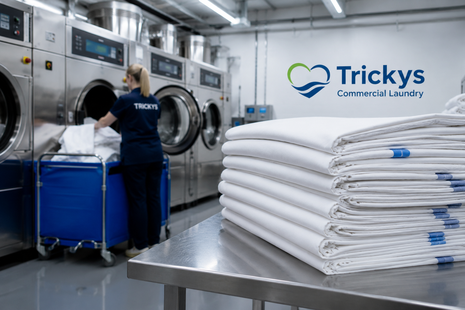 A worker with a blue uniform and blonde hair working in a commercial laundry facility, loading white linens into a large industrial washing machine, with a pile of folded white linens on a stainless steel table in the foreground, and the logo 'Trickys Commercial Laundry' on the wall.