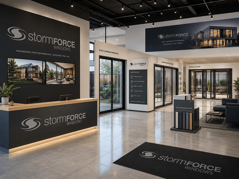 Interior showroom for StormForce Windows displaying various window and door options with branding and seating area.