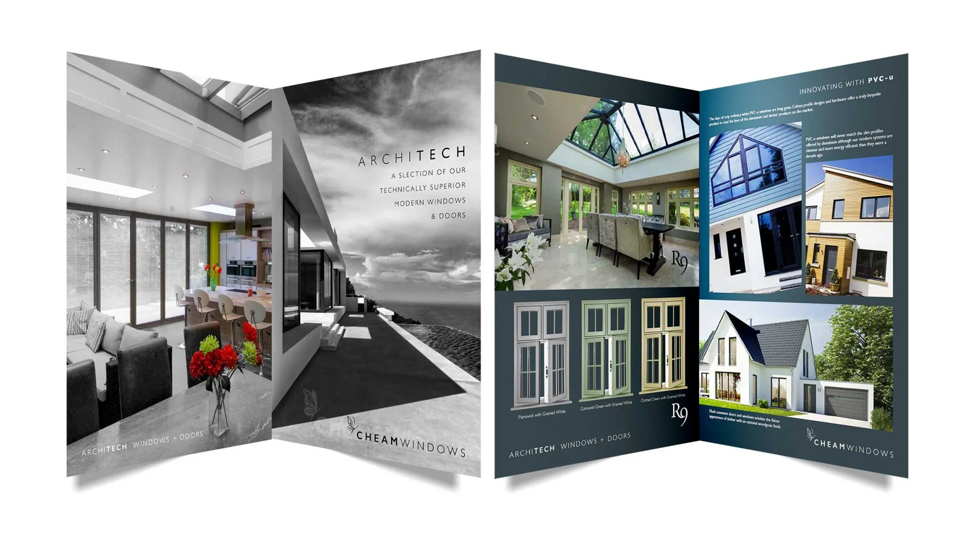 Brochure showcasing modern architectural windows and doors, featuring interior and exterior images, color and material samples, and design options.