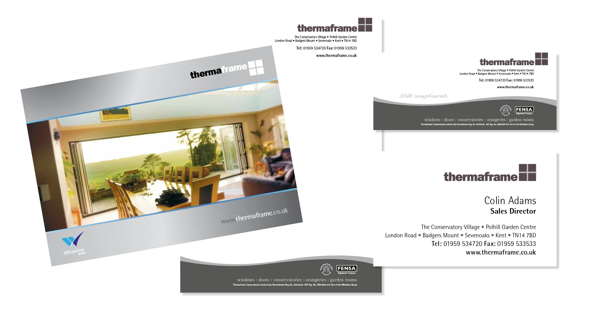 Business card and brochure for Thermaframe, featuring contact information and images of a large sunroom with glass doors opening to outdoor scenery.