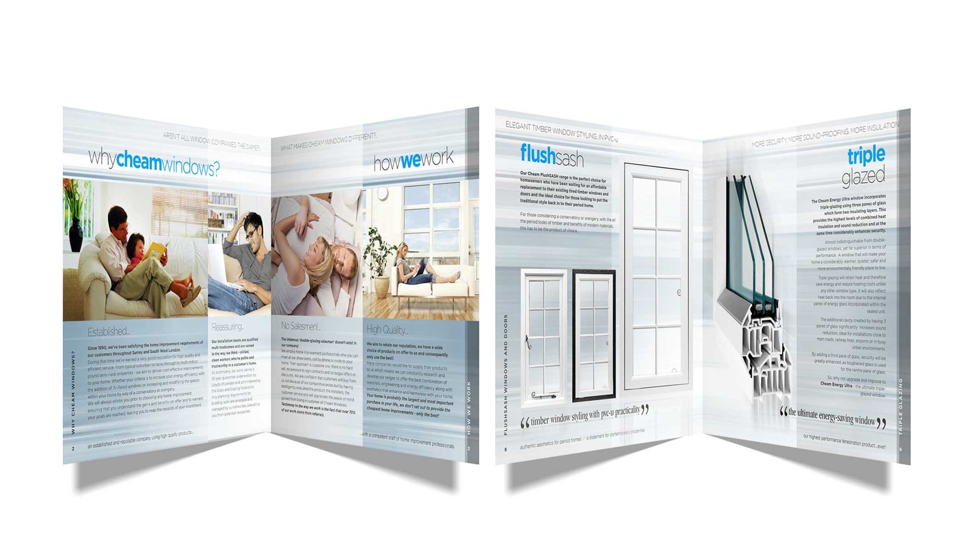 An open multi-page brochure or flyer about windows, featuring images of people relaxing indoors and detailed technical drawings of window cross-sections.
