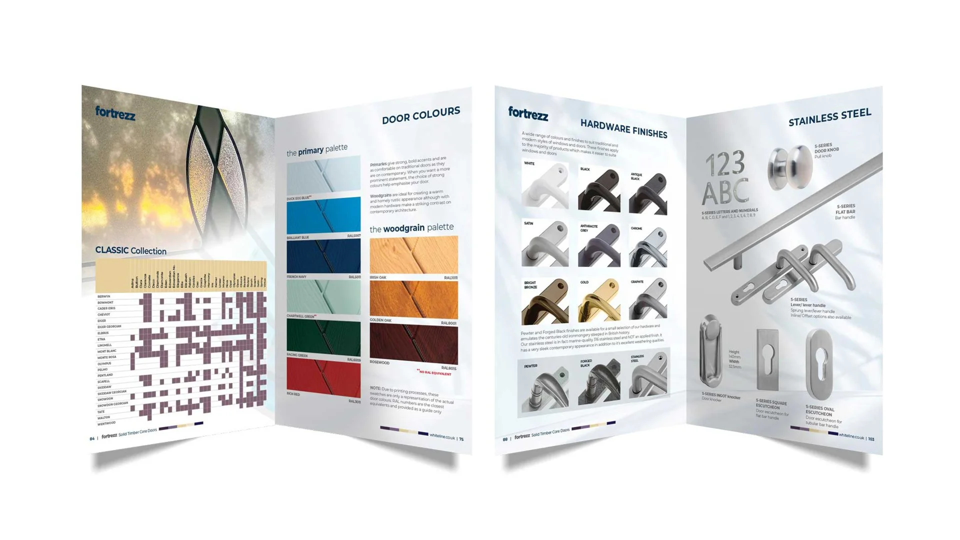 Open product catalog brochure displaying window and door hardware options, including door colors, hardware finishes, stainless steel accessories, with product images and descriptions.