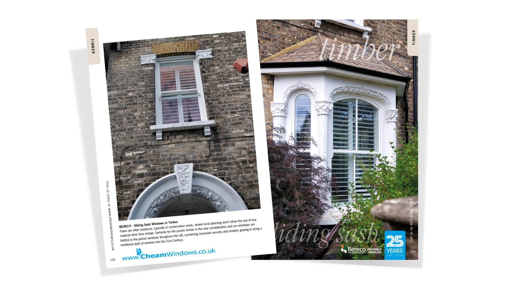 Flyer with images of a brick building featuring sash windows. The left side shows a window with white trim and a decorative arch above; the right side highlights a detailed white ornate window trim with shutters. Promotional text includes 'timber' an