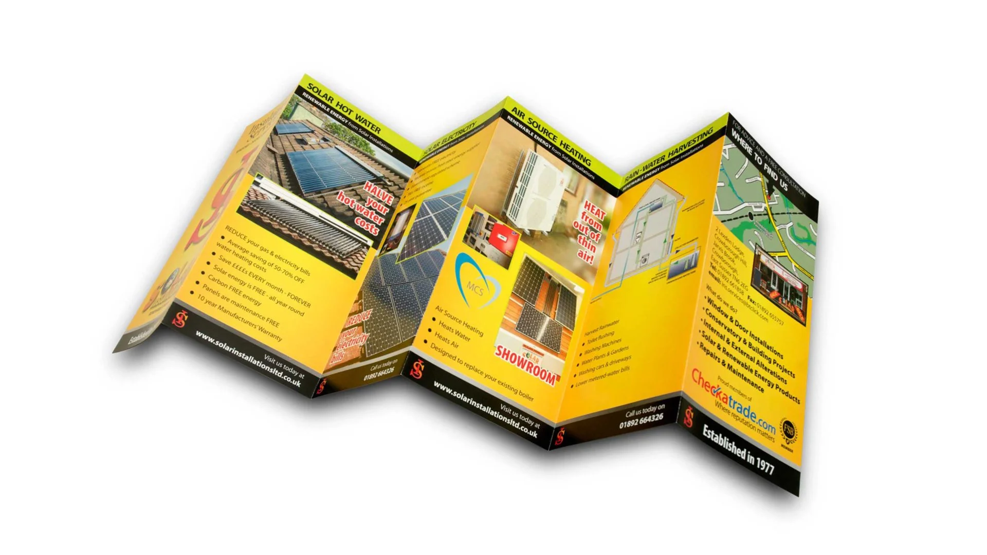 Folded brochure advertising solar energy solutions with images of solar panels and information about solar water heating, air source heating, and solar installation services.