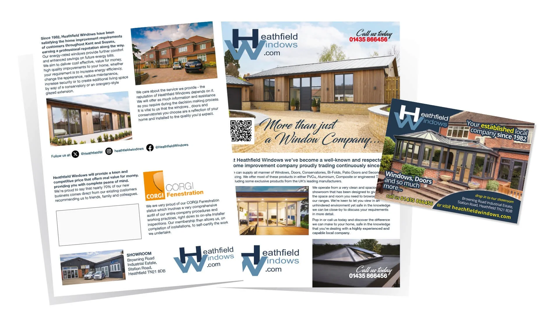 Brochure for Heathfield Windows featuring images of windows and doors, company logo, contact information, and promotional text about the company's services since 1982.