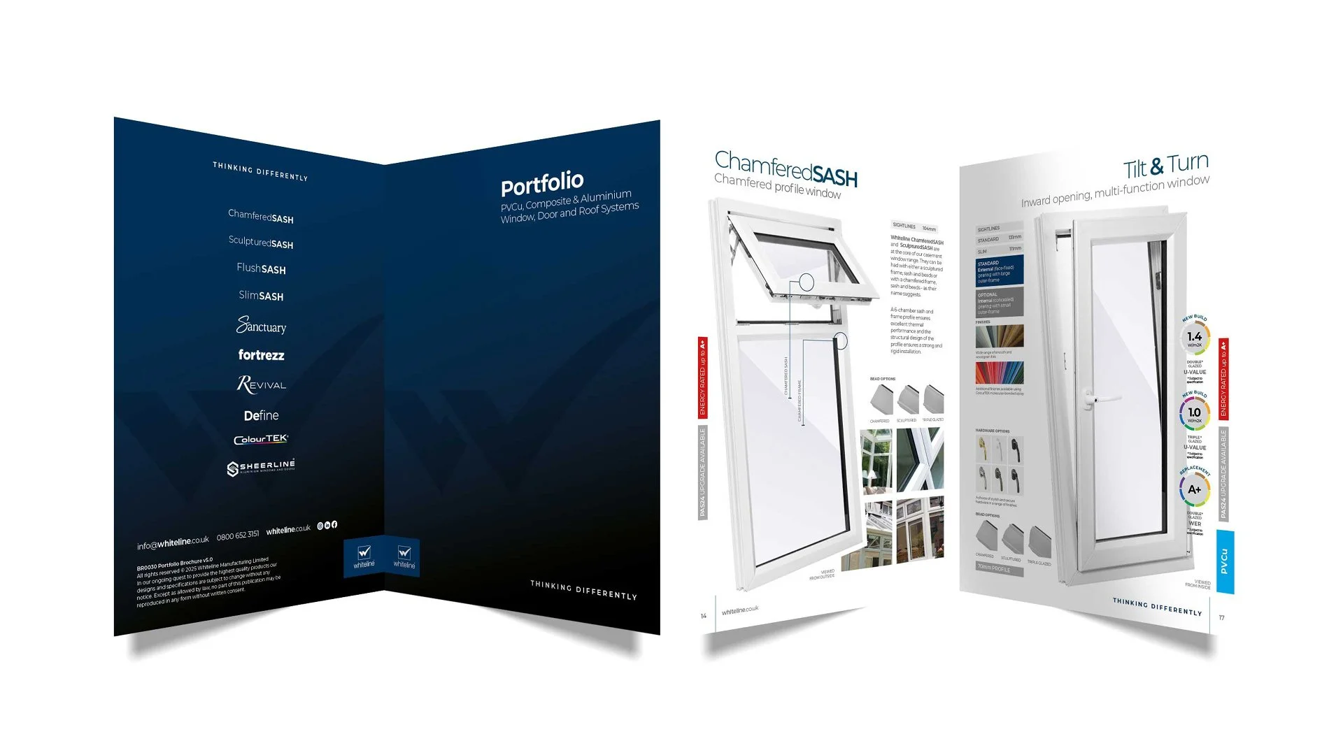 Three pages of a brochure for white aluminum window and door products, showcasing various window styles and features.