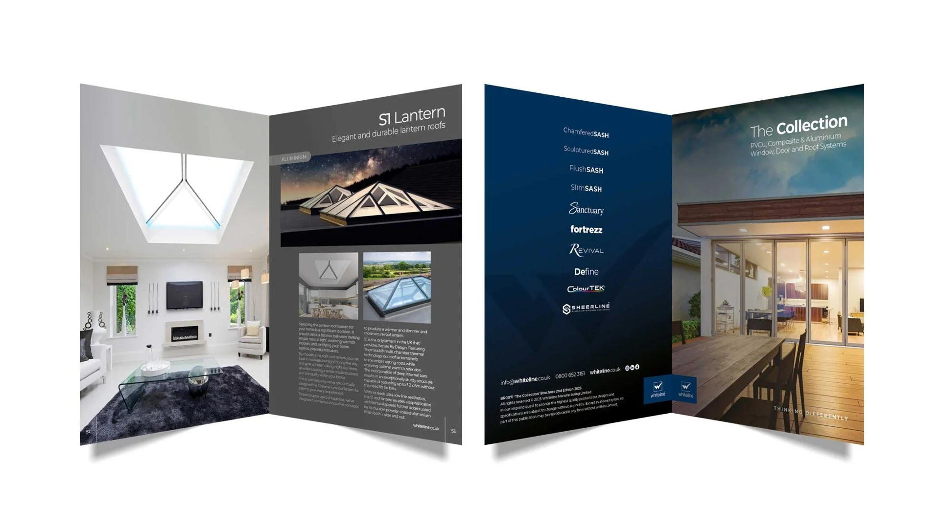 A two-panel brochure for Whiteline showcasing skylight and roof lantern products and installation options, with images of interior and exterior views of homes featuring these roof systems.