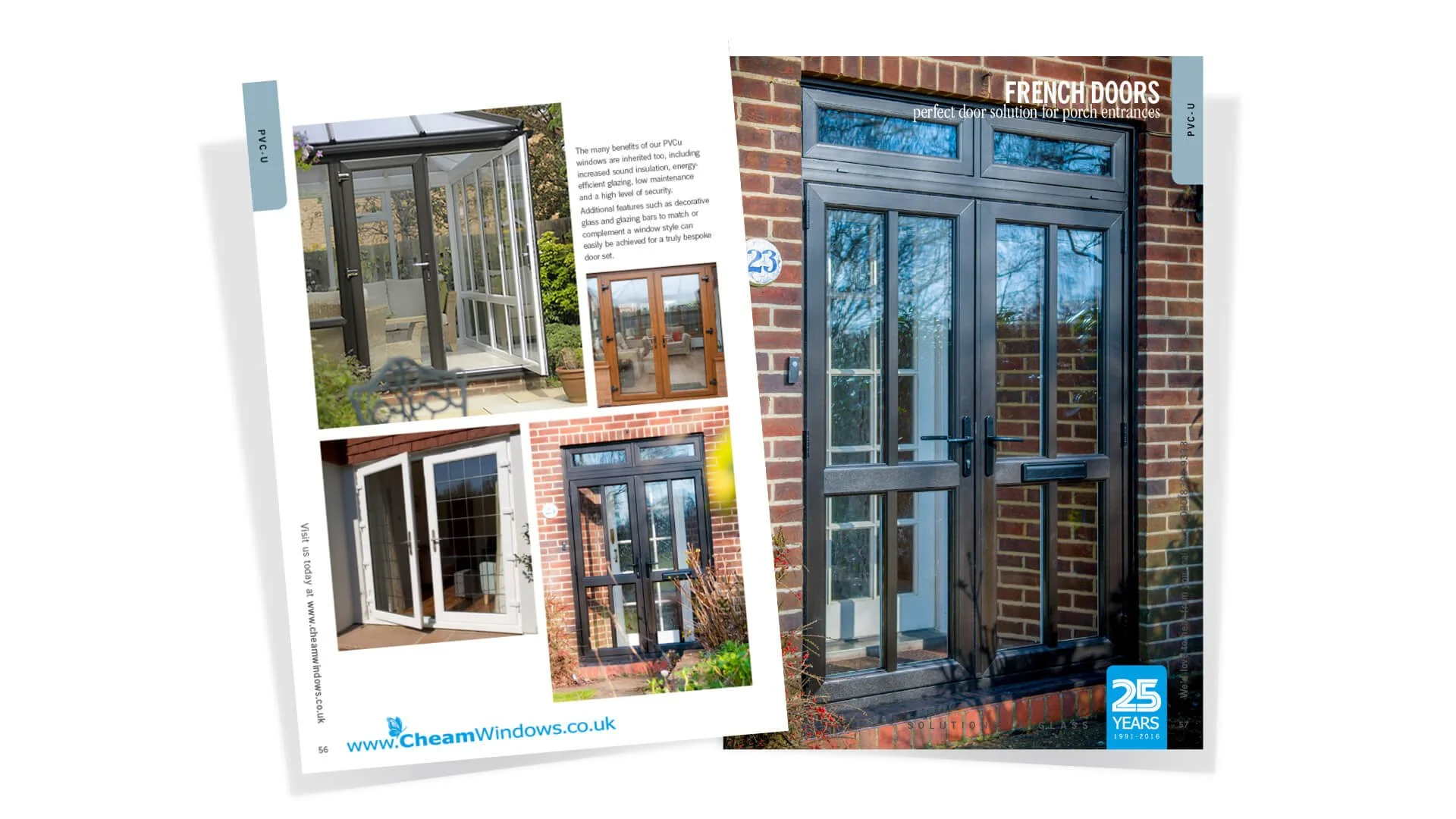Brochure featuring various black-framed exterior French doors for porch entrances, with images of different door styles installed in brick and brick veneer walls, highlighting their aesthetic and security features.