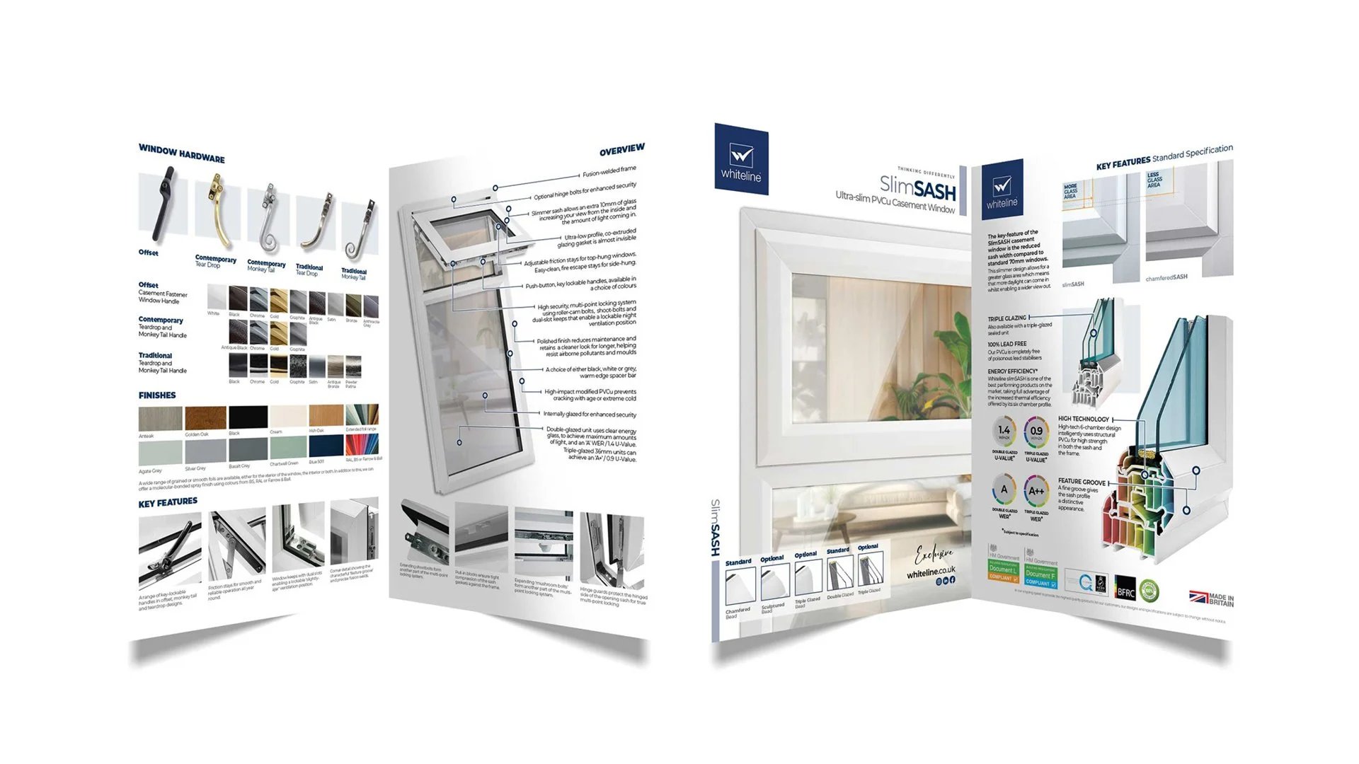 Brochure for Whiteline Slim SASH casement window detailing hardware options, finishes, features, and technical specifications.