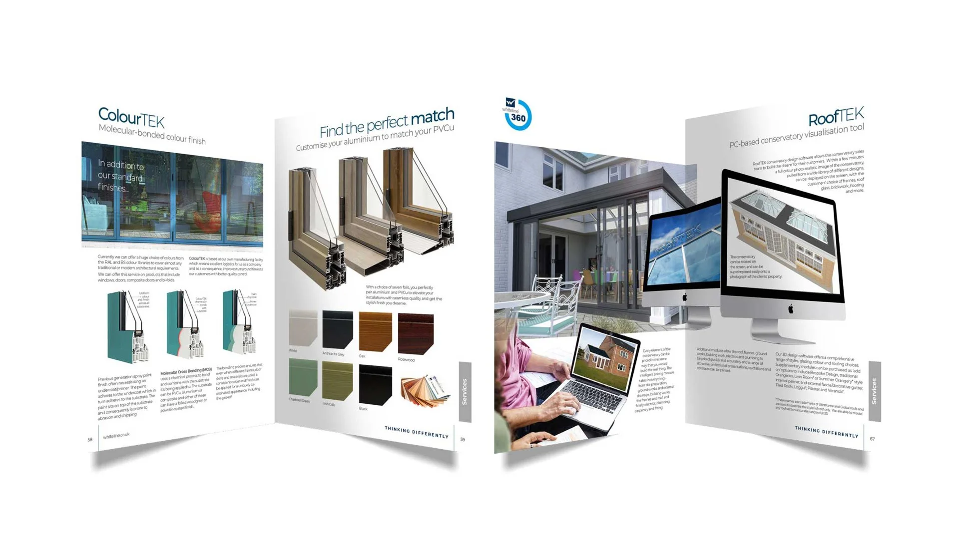 Three-panel brochure showcasing window and door products and services, including color selection, match customization, and conservation visualization with images of windows, architectural designs, and a person using a laptop in an outdoor setting.