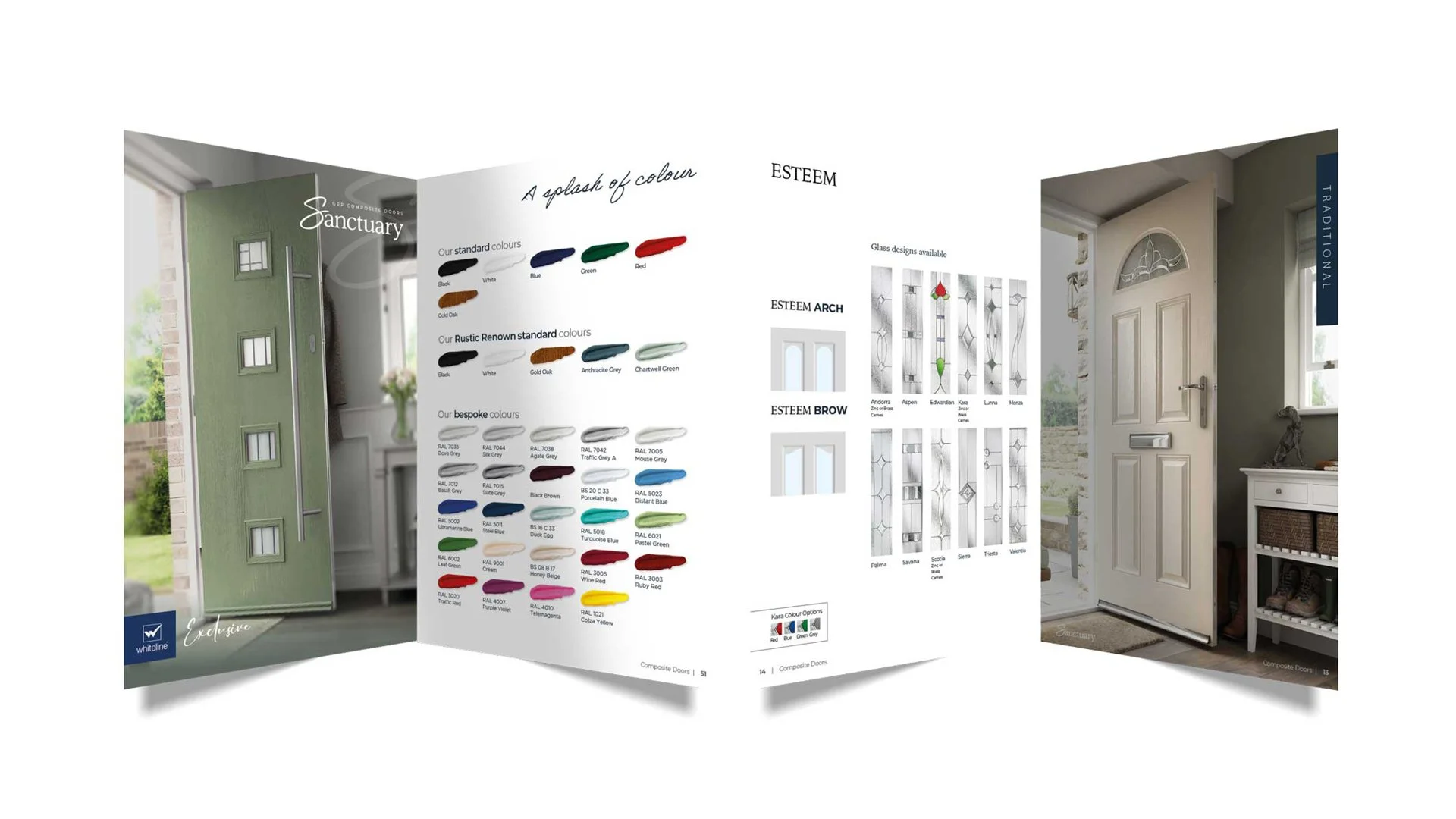 A brochure displaying different styles and colors of exterior doors with interior door images showing a white door with decorative glass panels leaning against a wall.