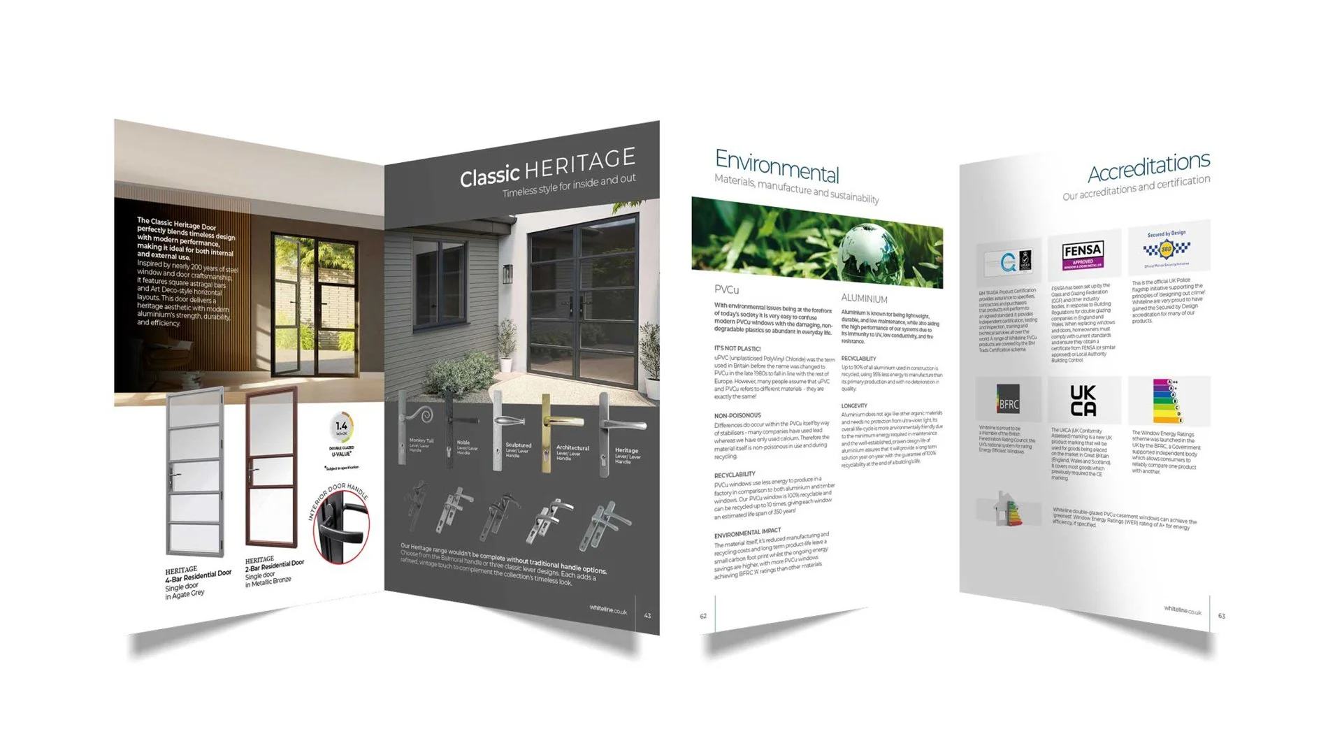 Open brochure displaying information about door designs, environmental materials, and certifications with images of doors, hinges, and certification logos.