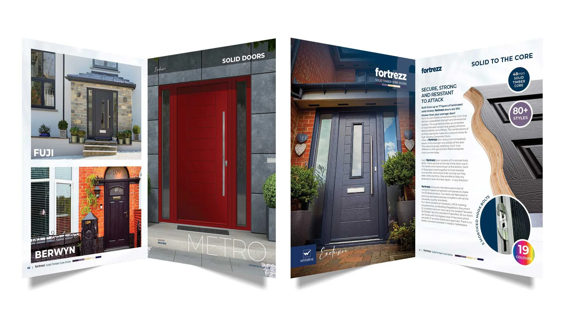 Brochure displaying various front doors, including a grey door with a small window, a black door with an arch and address plaque, a red door with vertical panels, and a dark gray door with a vertical glass insert, surrounded by decorative elements.