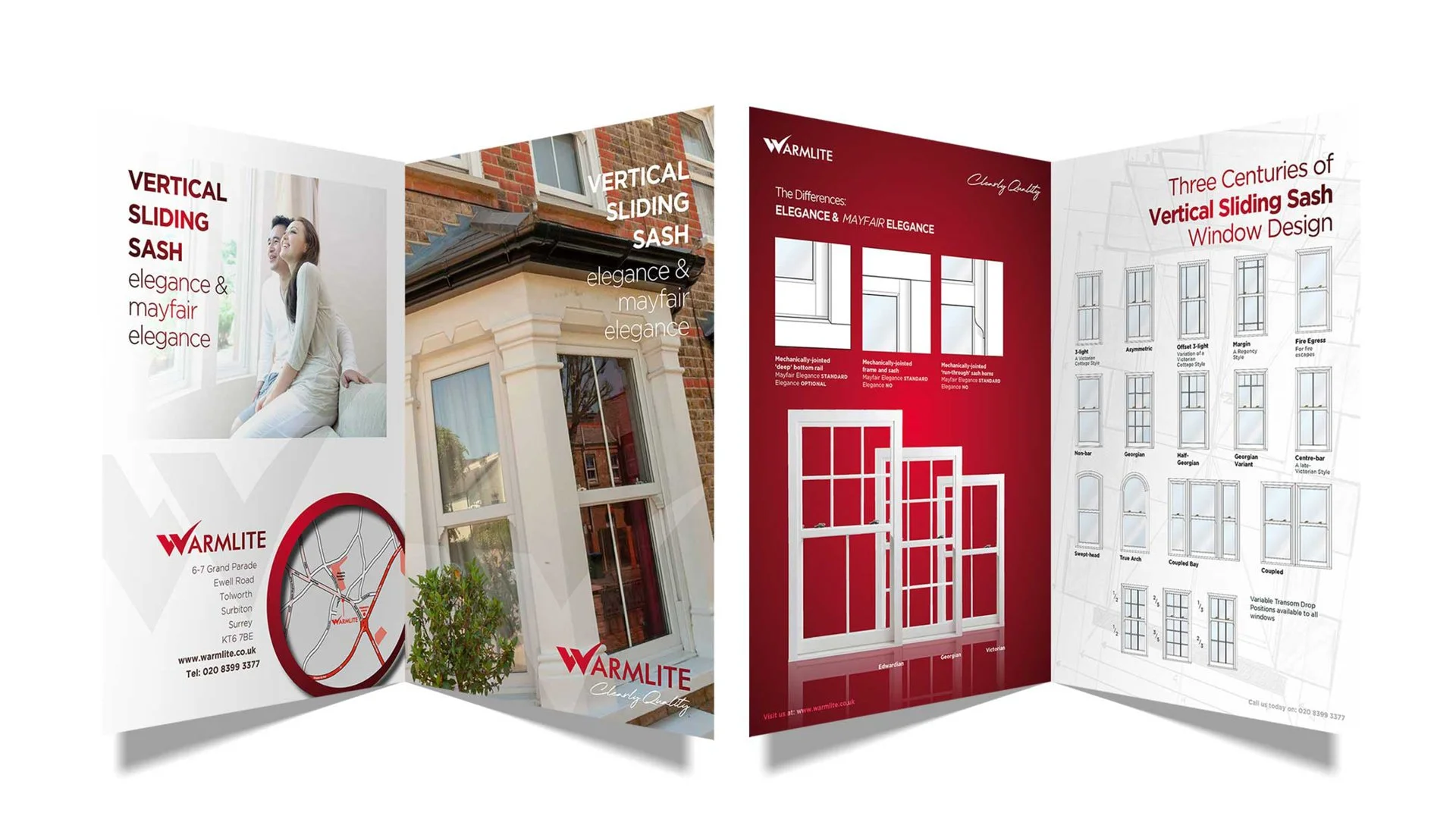 Brochure for Warmlite showcasing different styles and designs of vertical sliding sash windows, with images and illustrations of window options and specifications.