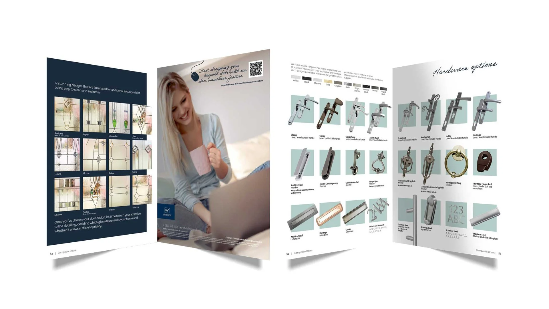 Open brochure featuring various decorative window and door hardware options, including handles, locks, and hinges, with sample designs and finishes showcased across three pages.