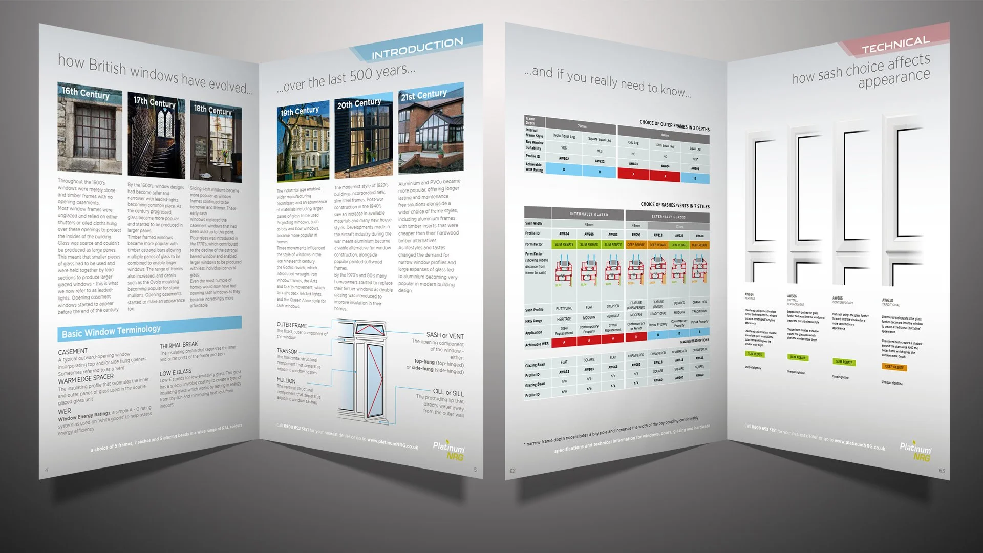 Open brochure with information and images about the evolution of British windows, including types, terminology, and technical details, displayed on a gray surface.