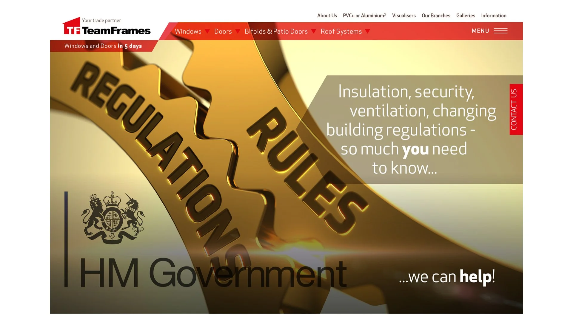 Close-up image of interlocked golden gears with the words "REGULATIONS" and "RULES" engraved on them. Overlay text discusses insulation, security, ventilation, building regulations, and help from HM Government. The website header includes links for Windows, Doors, Bifold & Patio Doors, Roof Systems, and contact options.