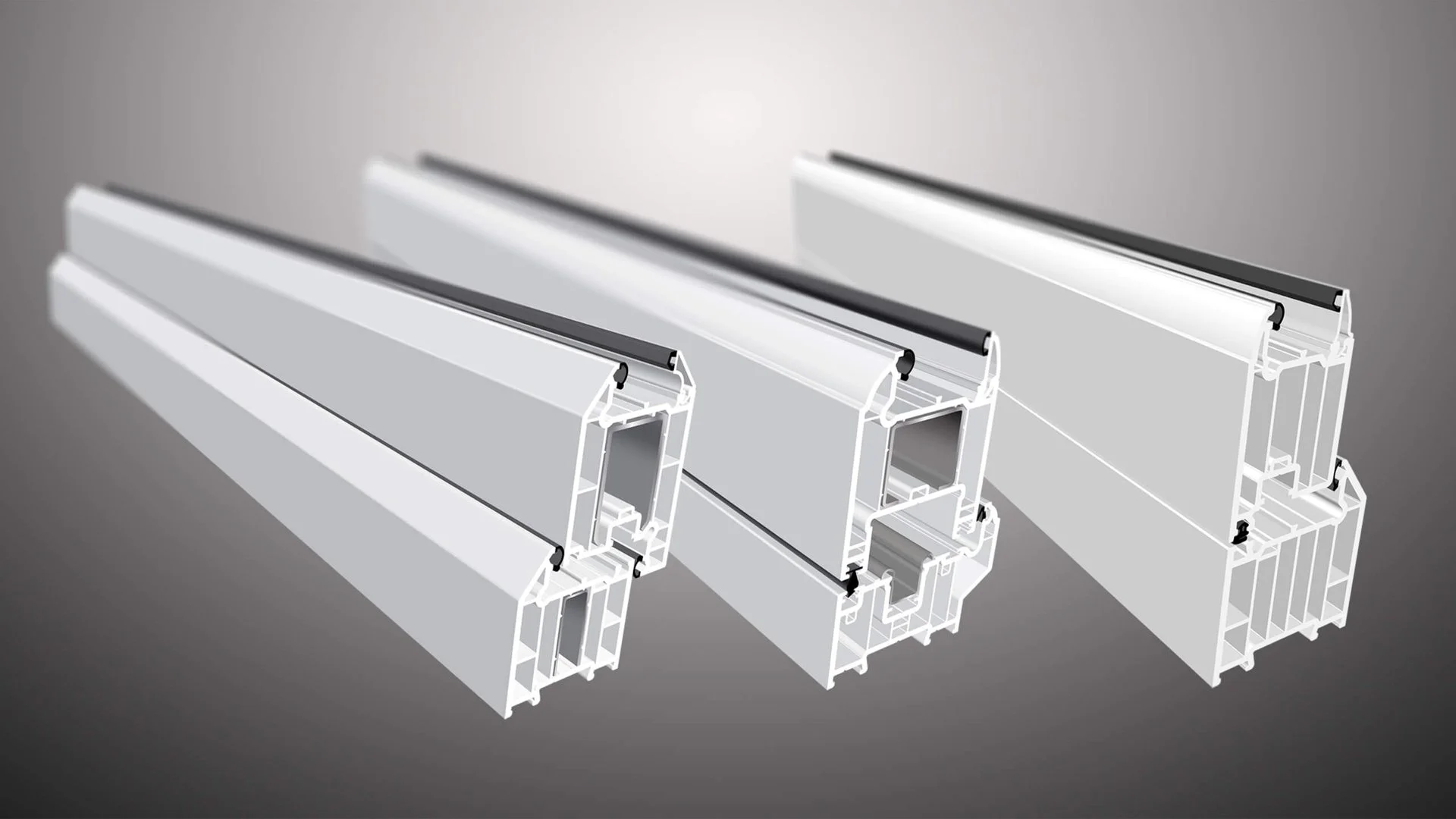 Three cross-section views of white aluminum window or door frame profiles with black rubber seals.